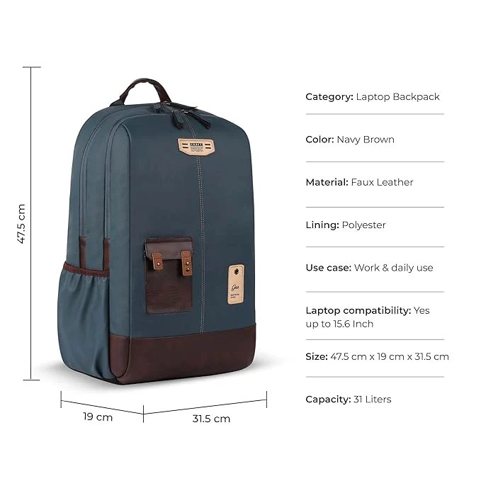 Gear Classic 2 19"/31L Anti Theft Faux leather Large Water Resistant Laptop Backpack/Casual Backpack/Daypack/Travel Backpack/College Bag For Men/Women (Teal - Brown) - Image 2