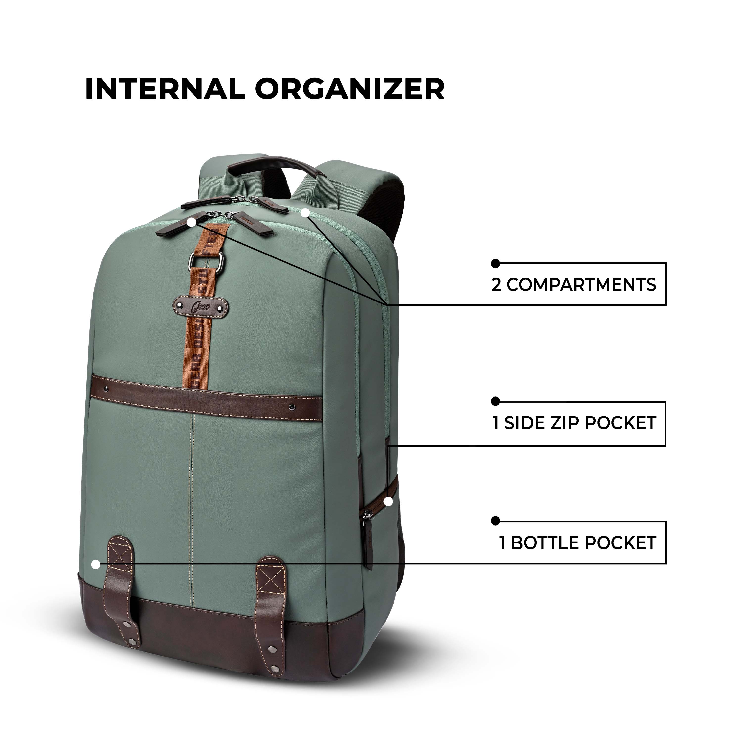 Gear Classic 4 19"/31L anti theft faux leather Medium Water Resistant Laptop Backpack/Casual Backpack/Daypack/Travel Backpack/College Bag For Men/Women(Pista Green - Brown) - Image 2
