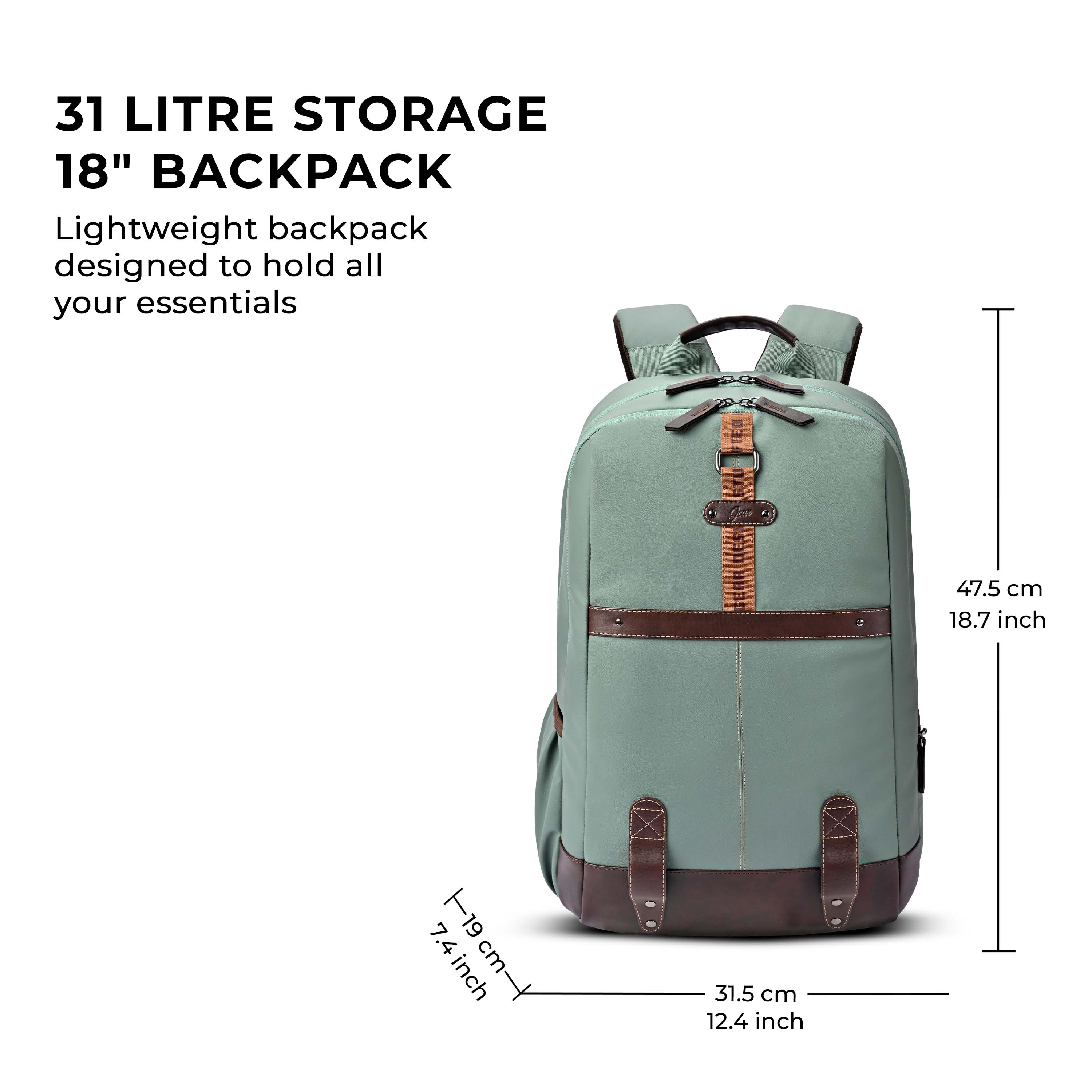 Gear Classic 4 19"/31L anti theft faux leather Medium Water Resistant Laptop Backpack/Casual Backpack/Daypack/Travel Backpack/College Bag For Men/Women(Pista Green - Brown) - Image 3