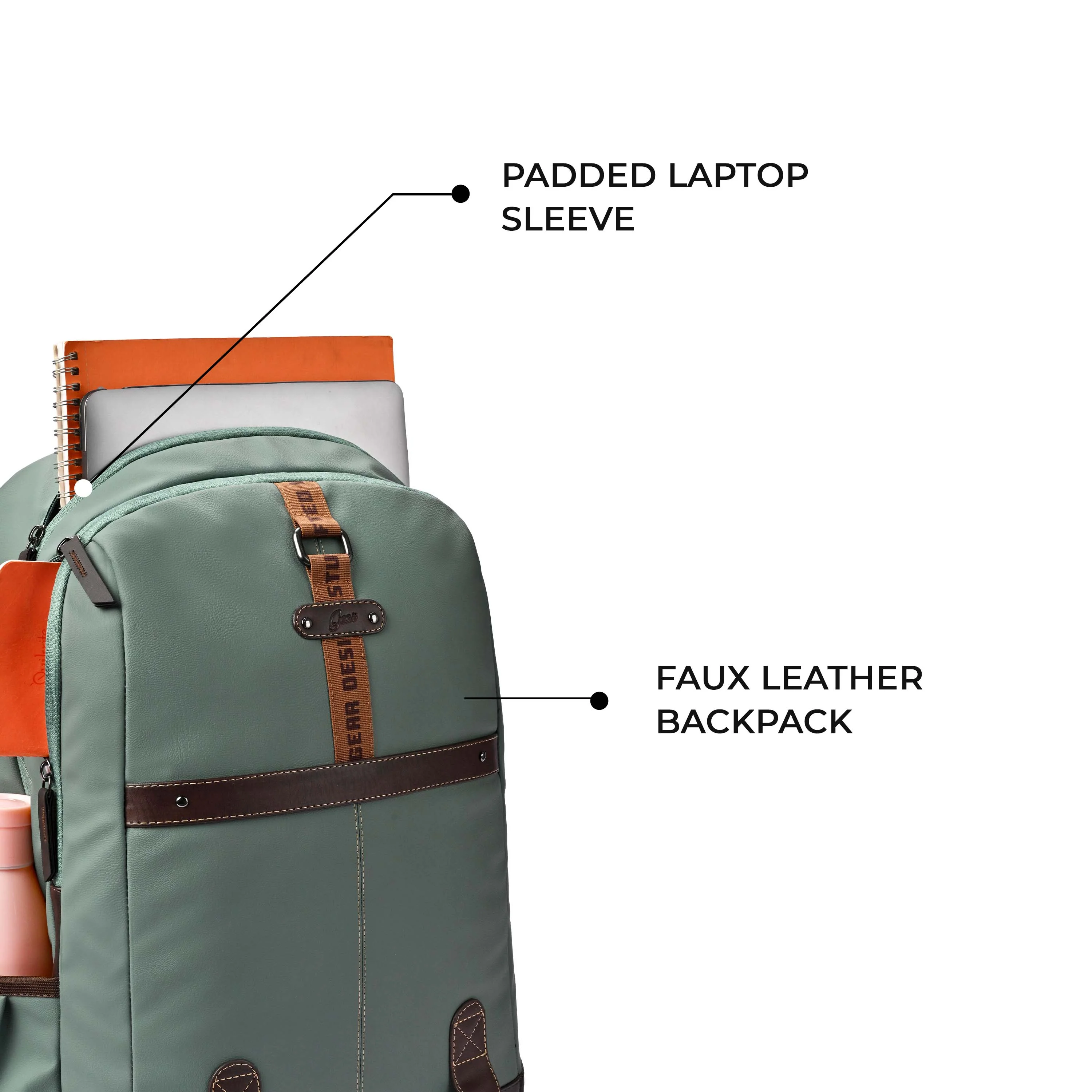 Gear Classic 4 19"/31L anti theft faux leather Medium Water Resistant Laptop Backpack/Casual Backpack/Daypack/Travel Backpack/College Bag For Men/Women(Pista Green - Brown) - Image 4