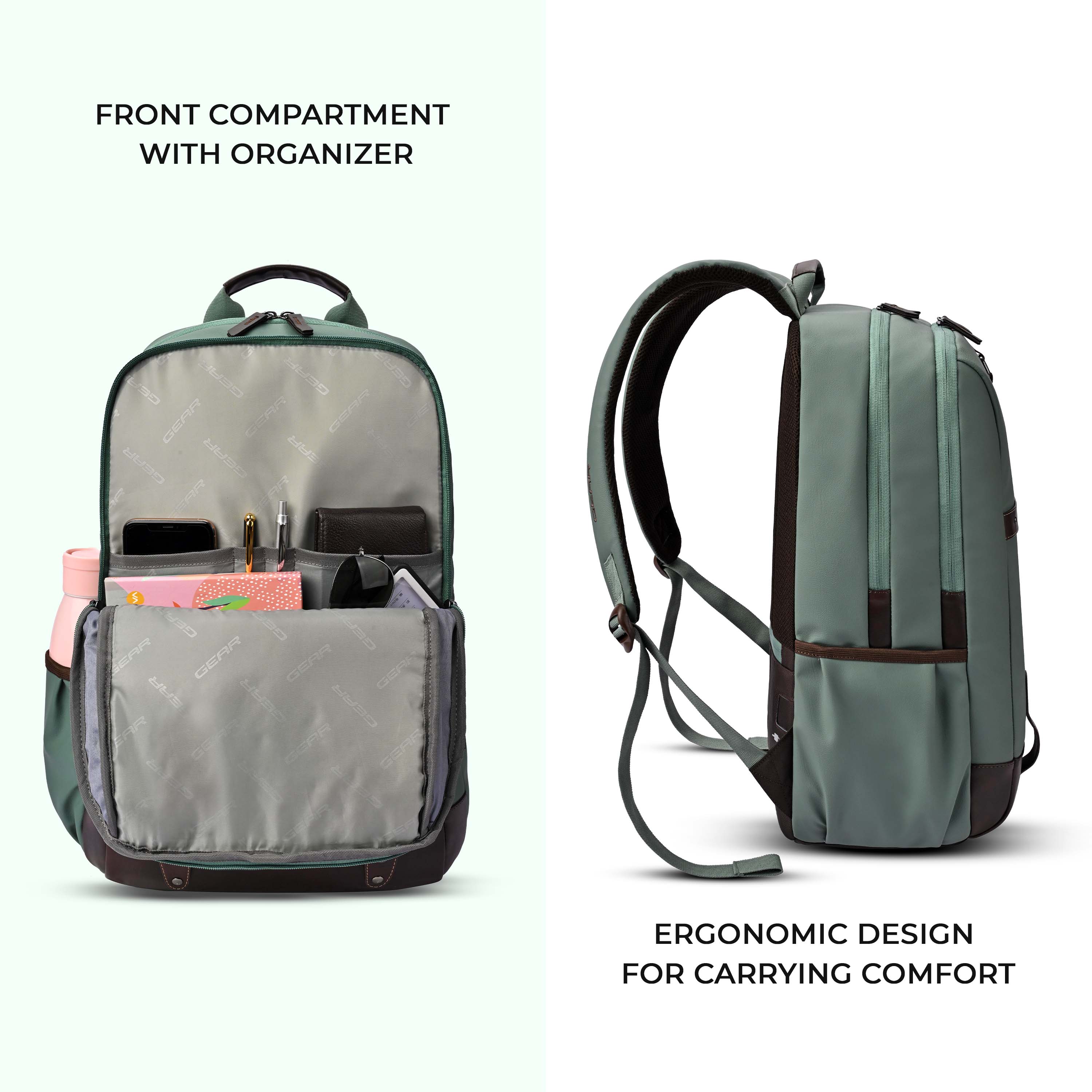 Gear Classic 4 19"/31L anti theft faux leather Medium Water Resistant Laptop Backpack/Casual Backpack/Daypack/Travel Backpack/College Bag For Men/Women(Pista Green - Brown) - Image 6