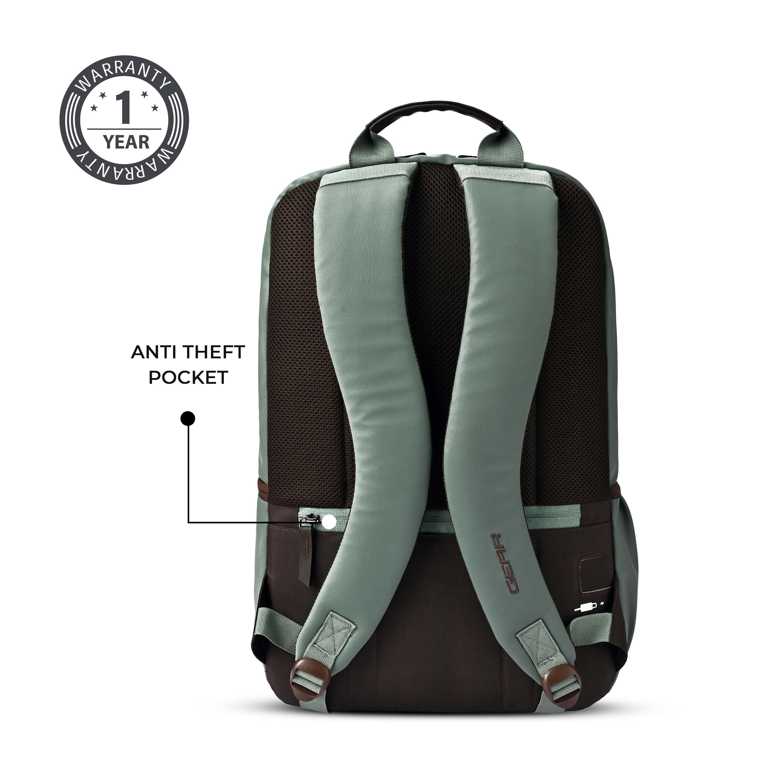 Gear Classic 4 19"/31L anti theft faux leather Medium Water Resistant Laptop Backpack/Casual Backpack/Daypack/Travel Backpack/College Bag For Men/Women(Pista Green - Brown) - Image 8