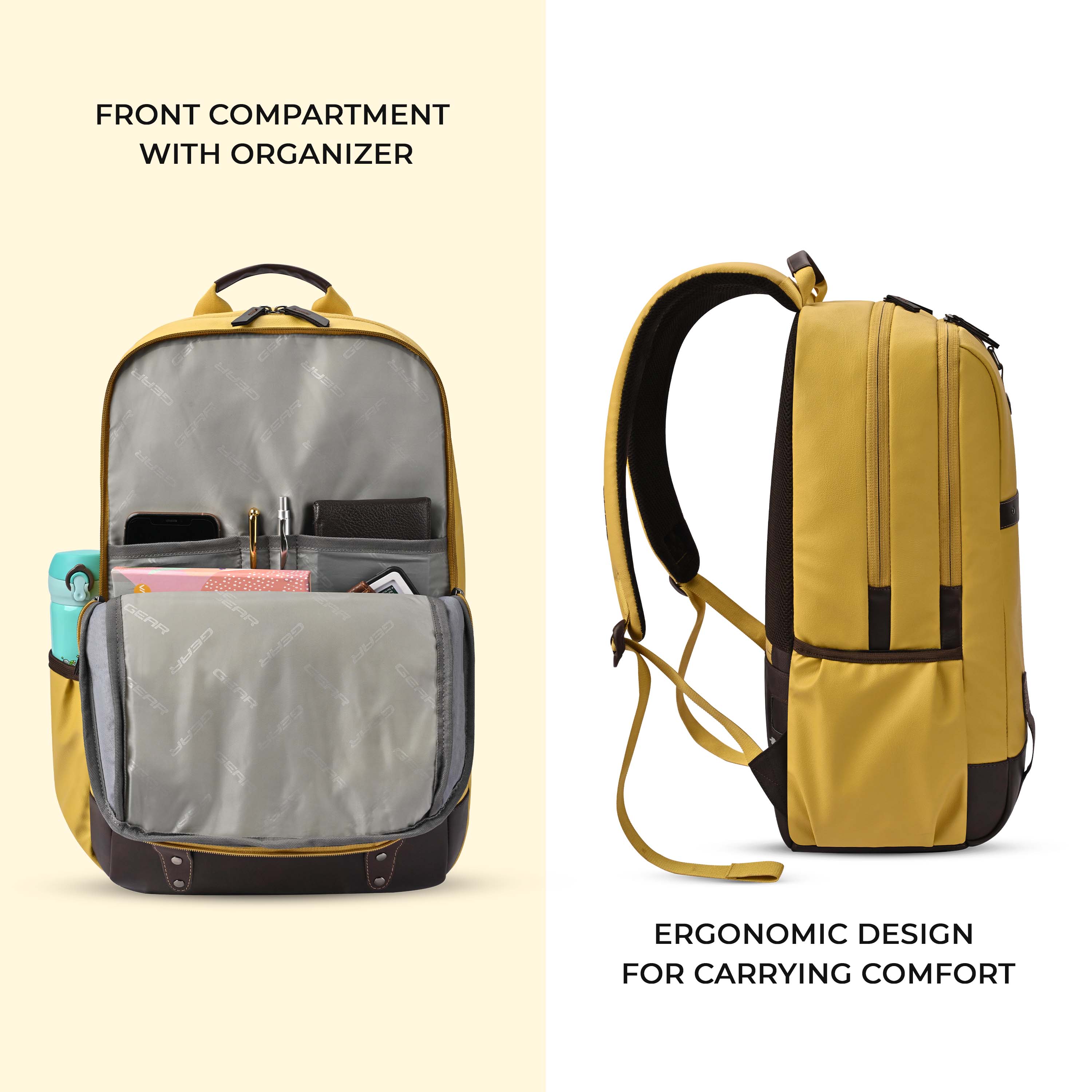 Gear Classic 4 19"/31L anti theft faux leather Medium Water Resistant Laptop Backpack/Casual Backpack/Daypack/Travel Backpack/College Bag For Men/Women(Yellow - Brown) - Image 4