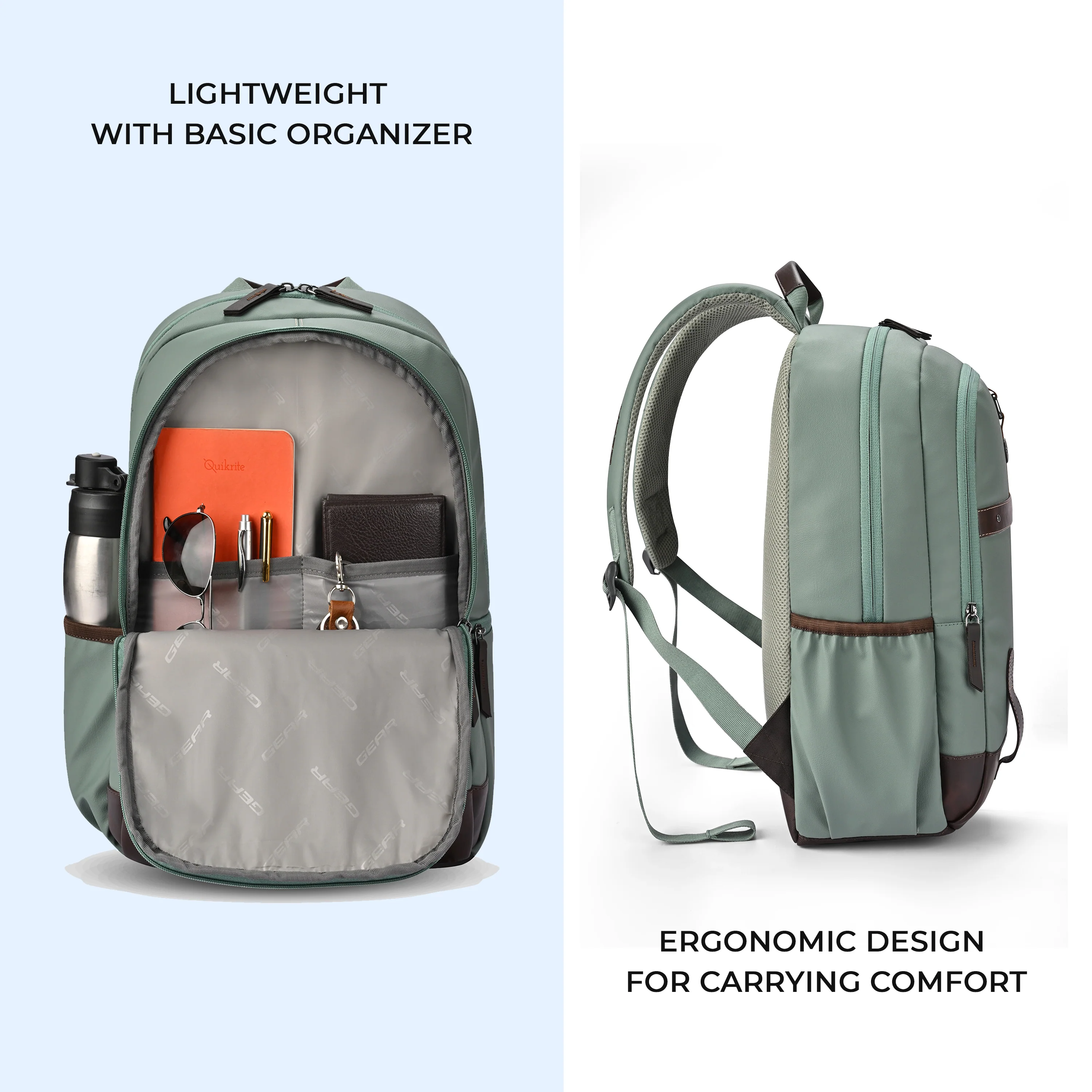 Gear Classic 4 Faux Leather (Without Anti Theft) 16"/20L Medium Water Resistant Laptop Backpack/Casual Backpack/Daypack/Travel Backpack/College Bag For Men/Women(Sage Green - Brown) - Image 5