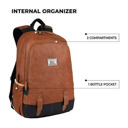 Classic 18" faux leather anti theft laptop backpack (TAN - BLACK) - Image 5