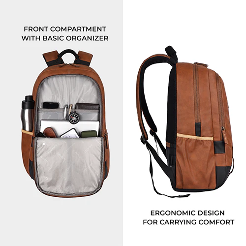 Classic 18" faux leather anti theft laptop backpack (TAN - BLACK) - Image 6