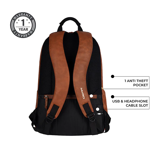Classic 18" faux leather anti theft laptop backpack (TAN - BLACK) - Image 8