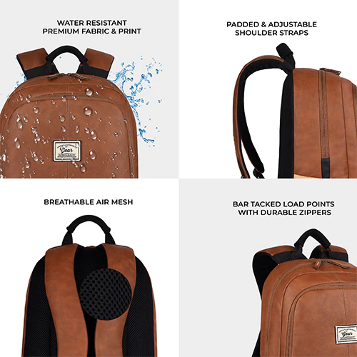 Classic 18" faux leather anti theft laptop backpack (TAN - BLACK) - Image 9