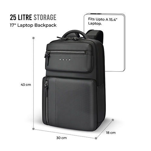 Gear 9 to 5 17"/25L Medium Water Resistant Faux Leather Anti Theft Laptop Backpack | Casual Backpack | Travel Backpack for Men/Women (Black - Black) - Image 7