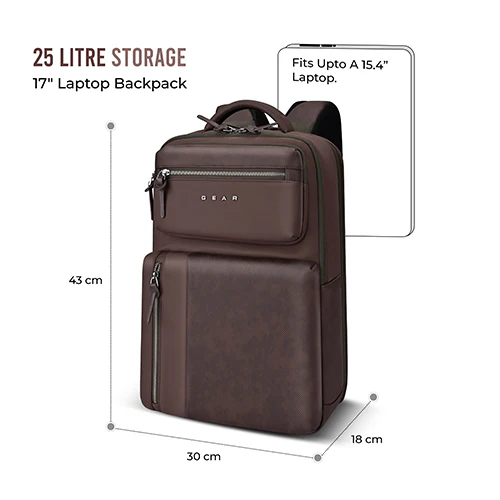 Gear 9 to 5 17"/25L Medium Water Resistant Faux Leather Anti Theft Laptop Backpack | Casual Backpack | Travel Backpack for Men/Women (Brown - Brown) - Image 3