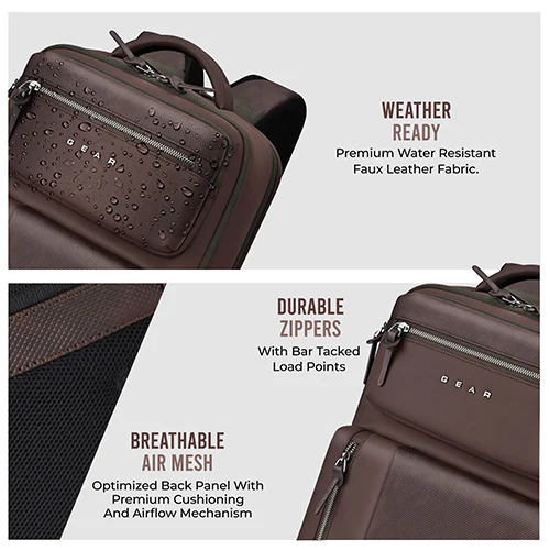 Gear 9 to 5 17"/25L Medium Water Resistant Faux Leather Anti Theft Laptop Backpack | Casual Backpack | Travel Backpack for Men/Women (Brown - Brown) - Image 4