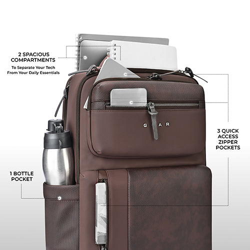 Gear 9 to 5 17"/25L Medium Water Resistant Faux Leather Anti Theft Laptop Backpack | Casual Backpack | Travel Backpack for Men/Women (Brown - Brown) - Image 5