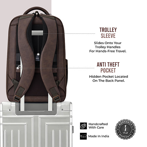 Gear 9 to 5 17"/25L Medium Water Resistant Faux Leather Anti Theft Laptop Backpack | Casual Backpack | Travel Backpack for Men/Women (Brown - Brown) - Image 7