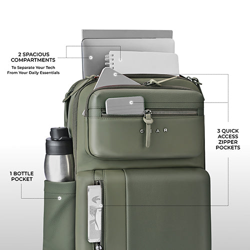Gear 9 to 5 17"/25L Medium Water Resistant Faux Leather Anti Theft Laptop Backpack | Casual Backpack | Travel Backpack for Men/Women (Olive - Olive) - Image 3