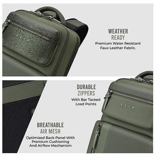 Gear 9 to 5 17"/25L Medium Water Resistant Faux Leather Anti Theft Laptop Backpack | Casual Backpack | Travel Backpack for Men/Women (Olive - Olive) - Image 7