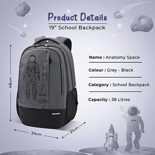 Gear Anatomy Space 19"/38L Large Water Resistant School Bag | Casual Backpack | Daypack | Travel Backpack | Kids Bag for Boys/Girls (Grey - Black) - Image 3