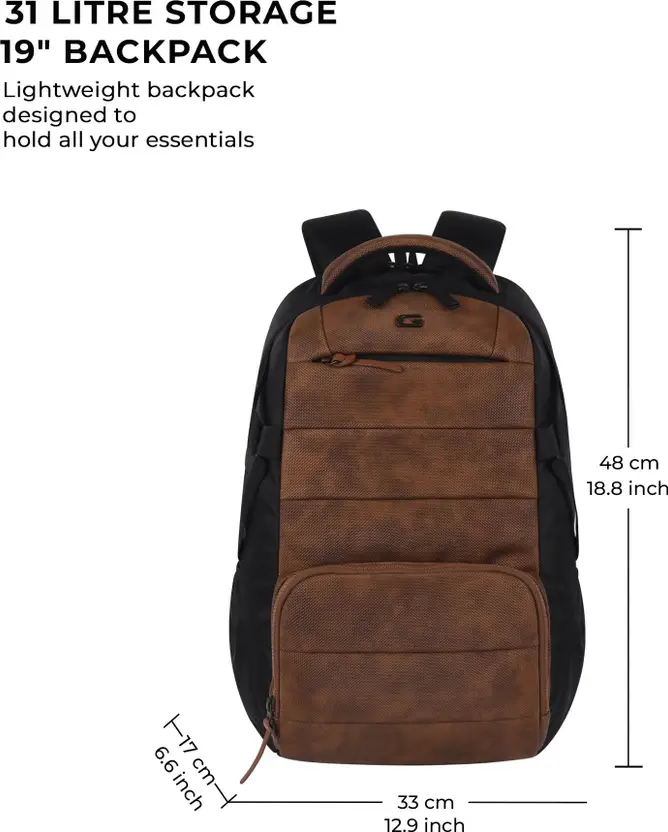 Gear Aspire 3 19"/31L Faux Leather Large Water Resistant Laptop Backpack | Casual Backpack | Daypack | Travel Backpack | College Bag For Men/Women(Tan - Black) - Image 3