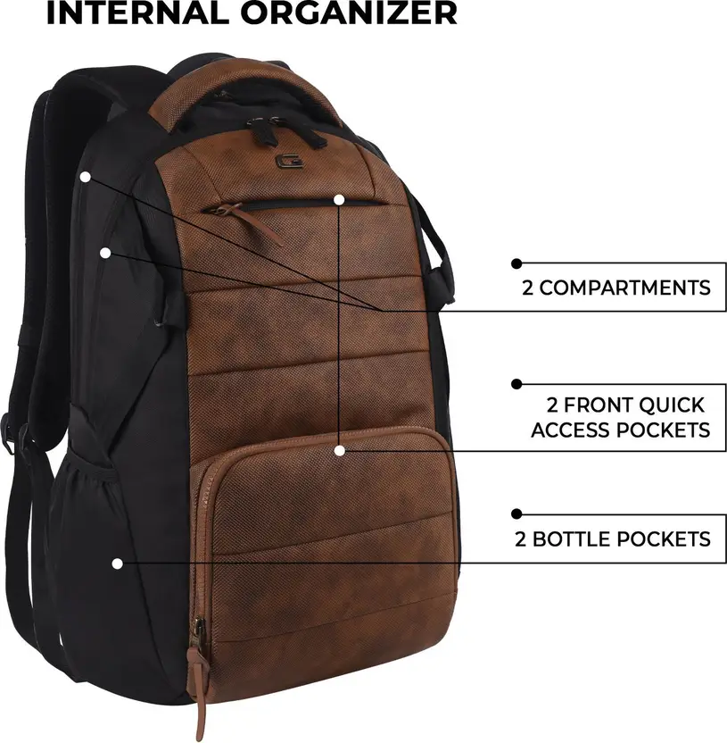 Gear Aspire 3 19"/31L Faux Leather Large Water Resistant Laptop Backpack | Casual Backpack | Daypack | Travel Backpack | College Bag For Men/Women(Tan - Black) - Image 4