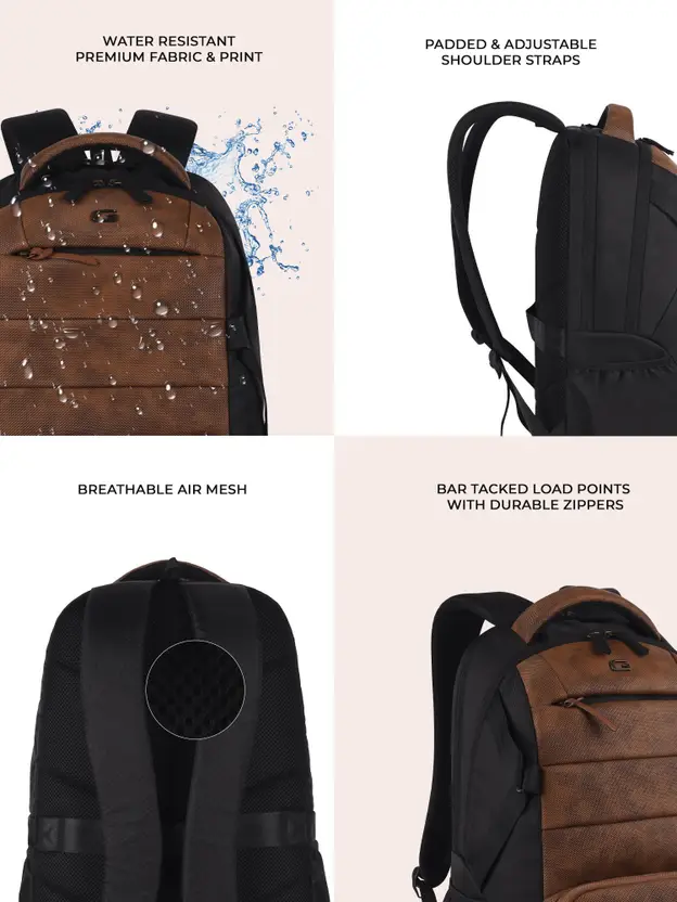 Gear Aspire 3 19"/31L Faux Leather Large Water Resistant Laptop Backpack | Casual Backpack | Daypack | Travel Backpack | College Bag For Men/Women(Tan - Black) - Image 6