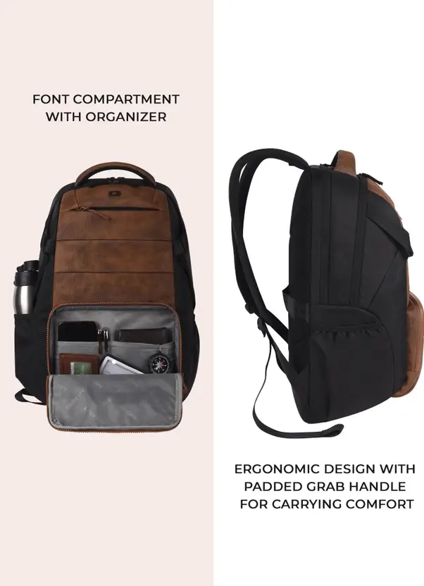 Gear Aspire 3 19"/31L Faux Leather Large Water Resistant Laptop Backpack | Casual Backpack | Daypack | Travel Backpack | College Bag For Men/Women(Tan - Black) - Image 7