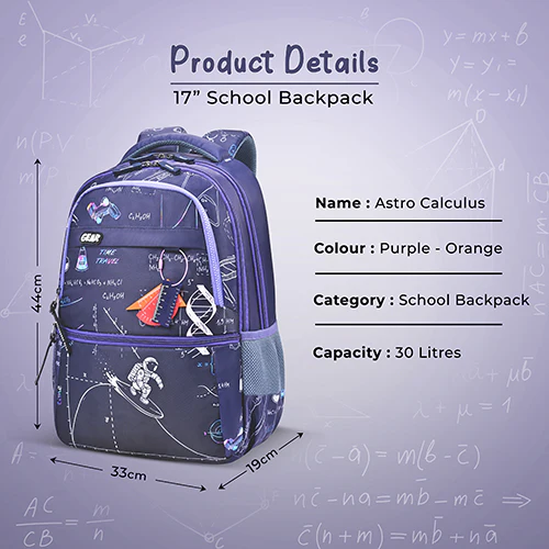 Gear Astro Calculus 17"/30L Large Water Resistant School Bag | Casual Backpack | Daypack | Travel Backpack | Kids Bag for Boys/Girls (Purple - Orange) - Image 5
