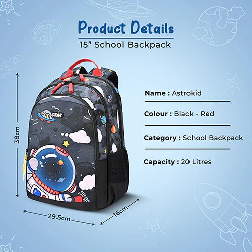 Gear Astro Kid 15"/20L Small Water Resistant School Bag | Casual Backpack | Daypack | Travel Backpack | Kids Bag for Boys/Girls (Black - Red) - Image 3