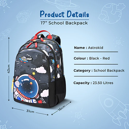 Gear Astro Kid 17"/23.5L Medium Water Resistant School Bag | Casual Backpack | Daypack | Travel Backpack | Kids Bag for Boys/Girls (Black - Red) - Image 3