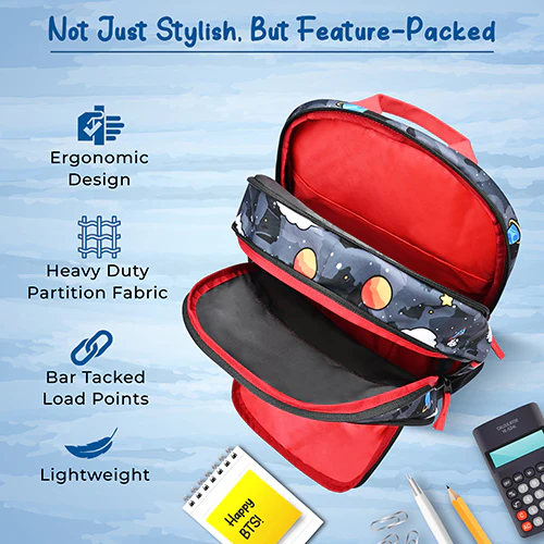 Gear Astro Kid 17"/23.5L Medium Water Resistant School Bag | Casual Backpack | Daypack | Travel Backpack | Kids Bag for Boys/Girls (Black - Red) - Image 8