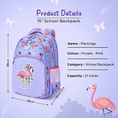 Gear Flamingo 15"/21L Medium Water Resistant School Bag | Casual Backpack | Daypack | Travel Backpack | Kids Bag for Boys/Girls (Purple - Pink) - Image 3