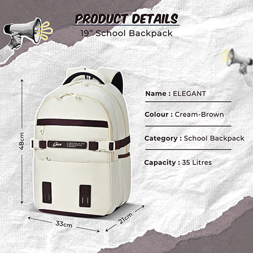 Gear Elegant 19"/35L Large Water Resistant School Bag | Casual Backpack | Daypack | Travel Backpack | Kids Bag for Boys/Girls (Cream - Brown) - Image 5