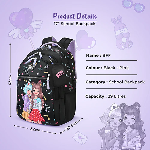 Gear BFF 17"/27L Large Water Resistant School Bag | Casual Backpack | Daypack | Travel Backpack | Kids Bag for Boys/Girls (Black - Pink) - Image 3