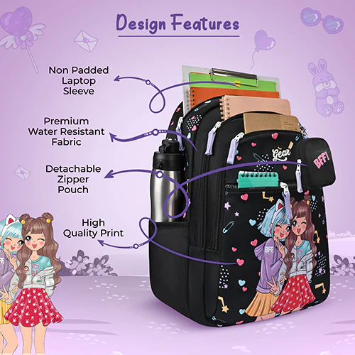 Gear BFF 17"/27L Large Water Resistant School Bag | Casual Backpack | Daypack | Travel Backpack | Kids Bag for Boys/Girls (Black - Pink) - Image 6