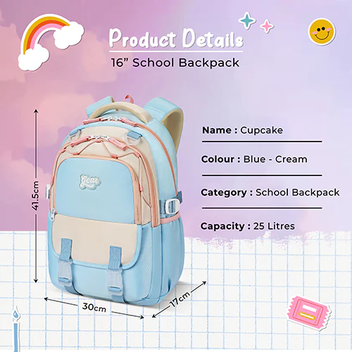 Gear Cupcake 16"/25L Medium Water Resistant School Bag | Casual Backpack | Daypack | Travel Backpack | Kids Bag for Boys/Girls (Blue - Cream) - Image 4