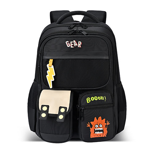 Gear Bravo 16"/25L Medium Water Resistant School Bag | Casual Backpack | Daypack | Travel Backpack | Kids Bag for Boys/Girls (Black - Cream)