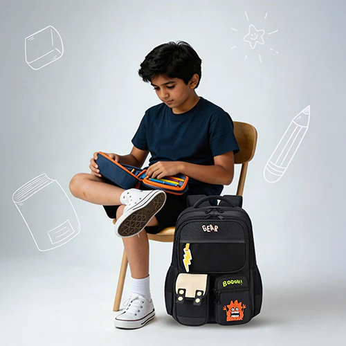 Gear Bravo 16"/25L Medium Water Resistant School Bag | Casual Backpack | Daypack | Travel Backpack | Kids Bag for Boys/Girls (Black - Cream) - Image 2
