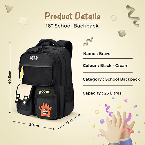 Gear Bravo 16"/25L Medium Water Resistant School Bag | Casual Backpack | Daypack | Travel Backpack | Kids Bag for Boys/Girls (Black - Cream) - Image 4