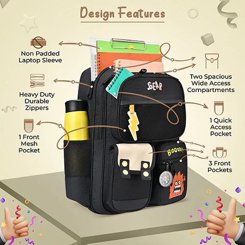 Gear Bravo 16"/25L Medium Water Resistant School Bag | Casual Backpack | Daypack | Travel Backpack | Kids Bag for Boys/Girls (Black - Cream) - Image 7