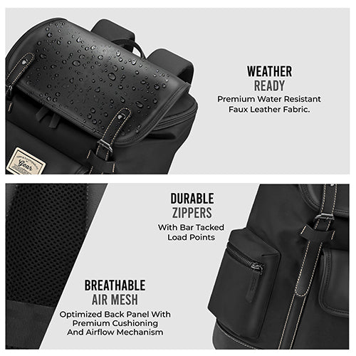Gear Classic 16.5"/21L Medium Water Resistant Faux Leather Laptop Knapsack| Casual Backpack | Travel Bag for Men/Women (Black - Black) - Image 3