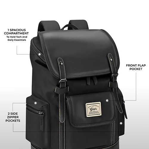 Gear Classic 16.5"/21L Medium Water Resistant Faux Leather Laptop Knapsack| Casual Backpack | Travel Bag for Men/Women (Black - Black) - Image 5