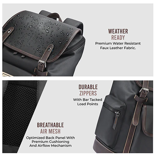 Gear Classic 16.5"/21L Medium Water Resistant Faux Leather Laptop Knapsack| Casual Backpack | Travel Bag for Men/Women (Black - Brown) - Image 3