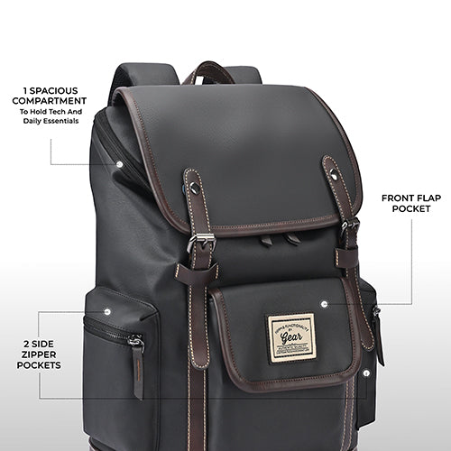 Gear Classic 16.5"/21L Medium Water Resistant Faux Leather Laptop Knapsack| Casual Backpack | Travel Bag for Men/Women (Black - Brown) - Image 4
