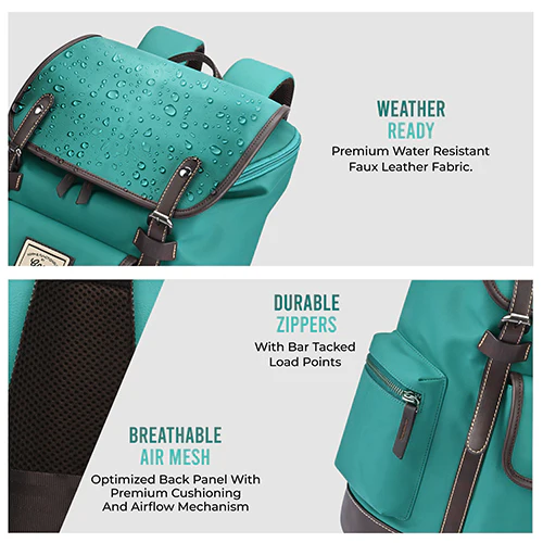 Gear Classic 16.5"/21L Medium Water Resistant Faux Leather Laptop Knapsack| Casual Backpack | Travel Bag for Men/Women (Green - Brown) - Image 3