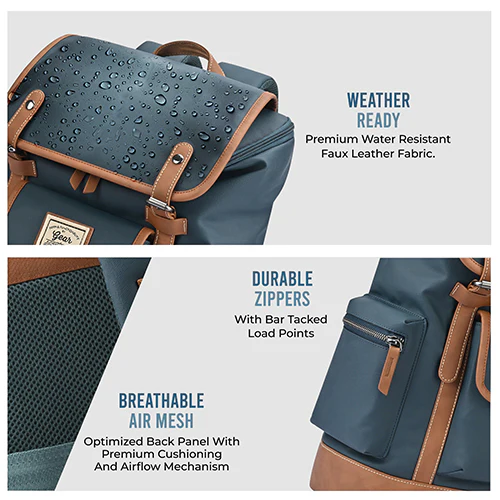 Gear Classic 16.5"/21L Medium Water Resistant Faux Leather Laptop Knapsack| Casual Backpack | Travel Bag for Men/Women (Teal - Tan) - Image 3