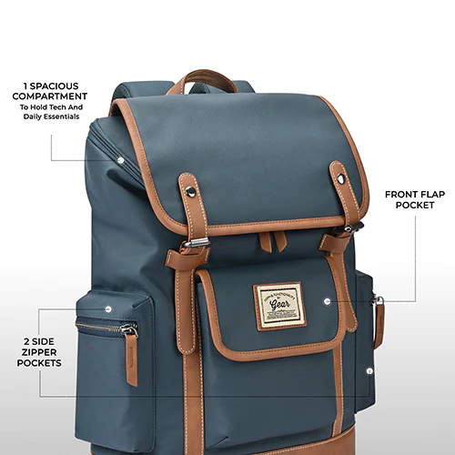 Gear Classic 16.5"/21L Medium Water Resistant Faux Leather Laptop Knapsack| Casual Backpack | Travel Bag for Men/Women (Teal - Tan) - Image 4