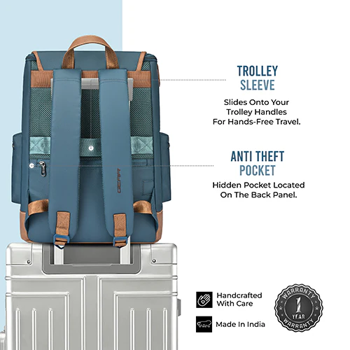 Gear Classic 16.5"/21L Medium Water Resistant Faux Leather Laptop Knapsack| Casual Backpack | Travel Bag for Men/Women (Teal - Tan) - Image 6