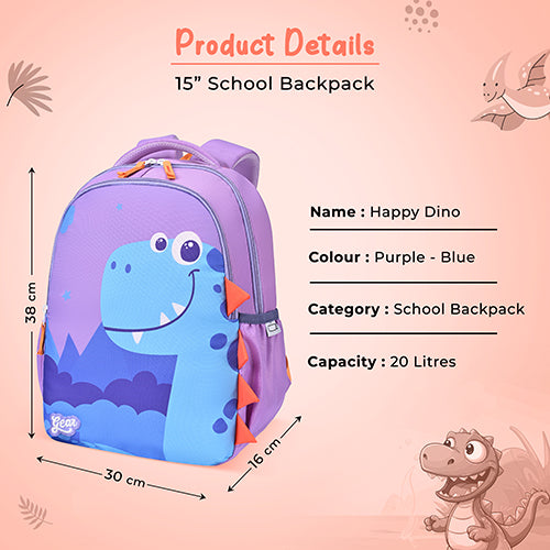 Gear Happy Dino 15"/20L Small Water Resistant School Bag | Casual Backpack | Daypack | Travel Backpack | Kids Bag for Boys/Girls (Purple - Blue) - Image 8