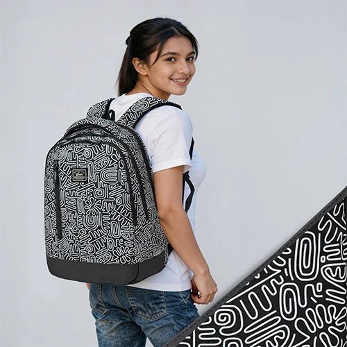 Gear Crafty Doodle 18"/32L Large Water Resistant School Bag | Casual Backpack | Daypack | Travel Backpack | Kids Bag for Boys/Girls (Black - Light Grey) - Image 2