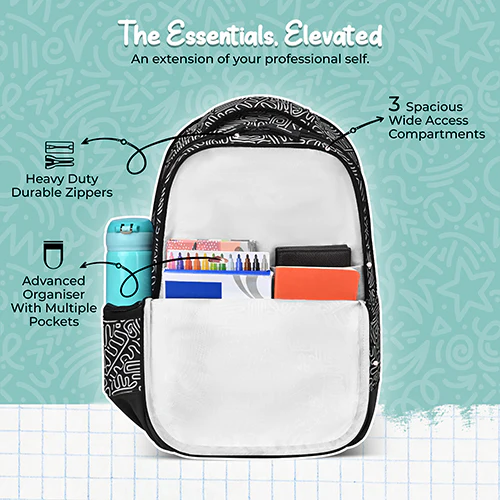 Gear Crafty Doodle 18"/32L Large Water Resistant School Bag | Casual Backpack | Daypack | Travel Backpack | Kids Bag for Boys/Girls (Black - Light Grey) - Image 3
