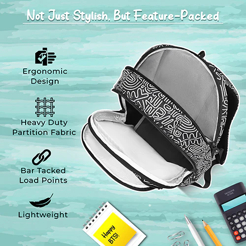 Gear Crafty Doodle 18"/32L Large Water Resistant School Bag | Casual Backpack | Daypack | Travel Backpack | Kids Bag for Boys/Girls (Black - Light Grey) - Image 4