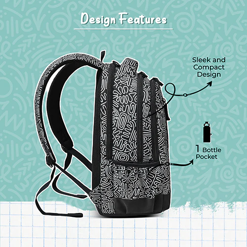 Gear Crafty Doodle 18"/32L Large Water Resistant School Bag | Casual Backpack | Daypack | Travel Backpack | Kids Bag for Boys/Girls (Black - Light Grey) - Image 6
